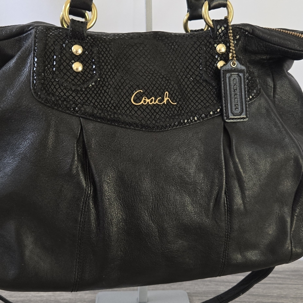 Coach Ashley Handbag Black Leather Python Trim Sh… - image 3
